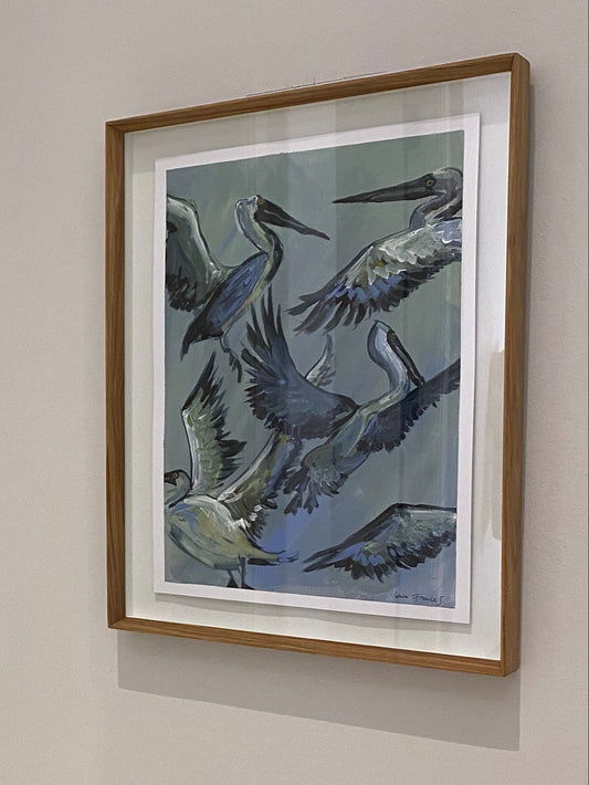 Pelicans in flight (framed)