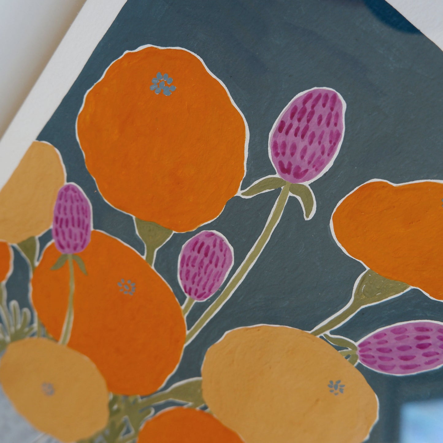 Gold and Fuchsia Globes in vase (framed)