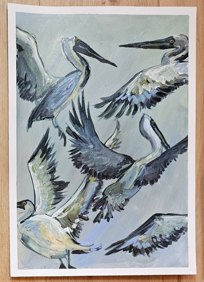 Pelicans in flight (framed)