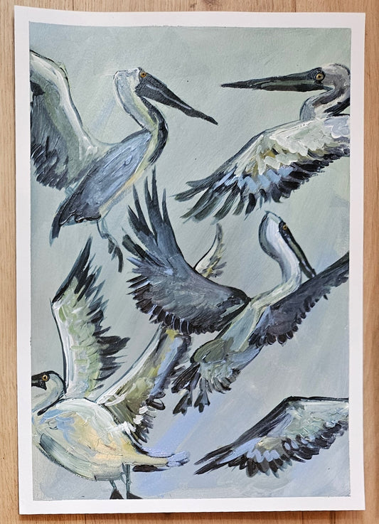 Pelicans in flight (framed)