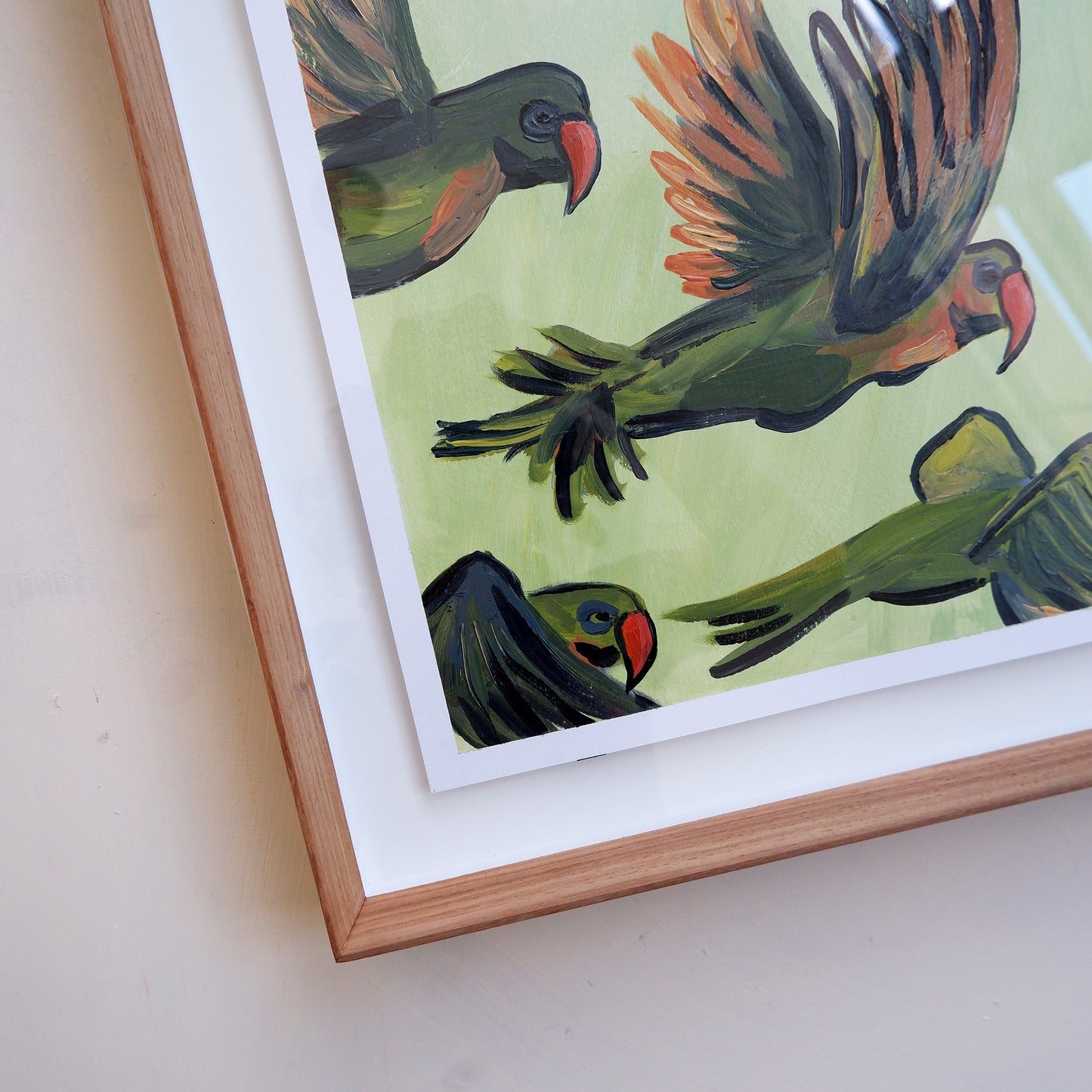 Ring-necked Parakeets in flight (framed)